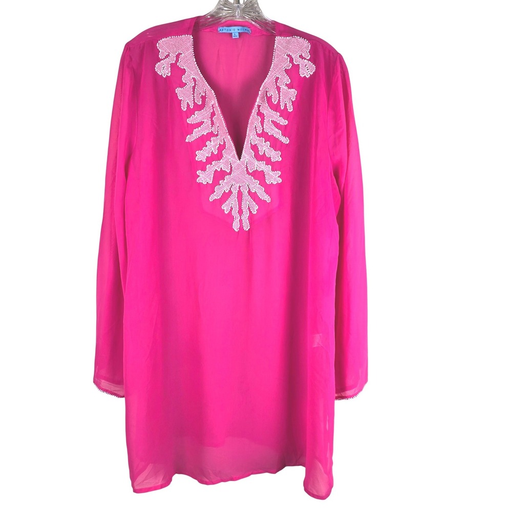 Antonio Melani Pink Beaded Caftan Swim Cover Up Large V-Neck Chiffon Beach Tunic